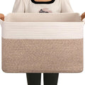 OIAHOMY Large Blanket Basket, 65L Cotton Rope Woven Laundry Basket, Toy Bin for Baby Room, Container for Blanket Storage in Living Room, 20''×16''×12'', Brown & White