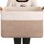 OIAHOMY Large Blanket Basket, 65L Cotton Rope Woven Laundry Basket, Toy Bin for Baby Room, Container for Blanket Storage in Living Room, 20''×16''×12'', Brown & White