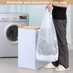 60L Slim Laundry Hamper, Narrow Laundry Basket with Lid,Foldable Clothes Hamper with Bamboo Handles,Hamper Basket with Removable Inner Bag for Laundry Room Bedroom College Dorm,15.85 Gals White
