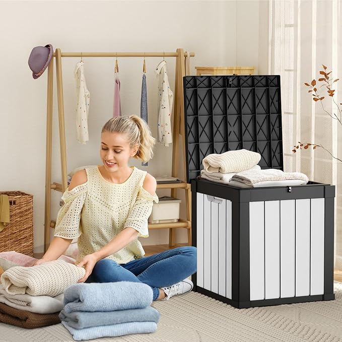 50 Gallon Resin Deck Box, Lockable Patio Outdoor Storage Box for Furniture, Garden Tools and Tools Storage, Waterproof Outside Storage Boxes - Black&White