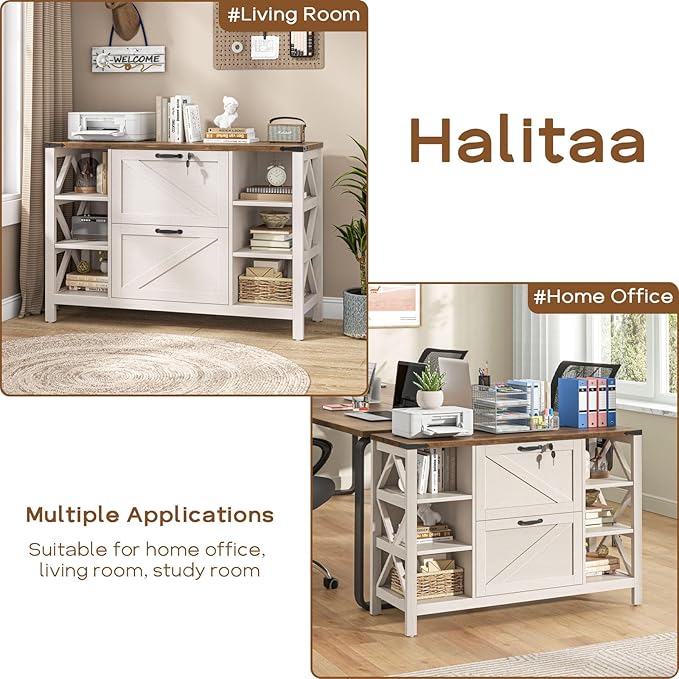 44" Lateral File Cabinet with Adjustable Shelves, Farmhouse 2 Drawer Filing Cabinet with Lock for Legal/A4/Letter, Wooden Printer Stand Office Furniture Storage Cabinets for Home Office, Rustic White