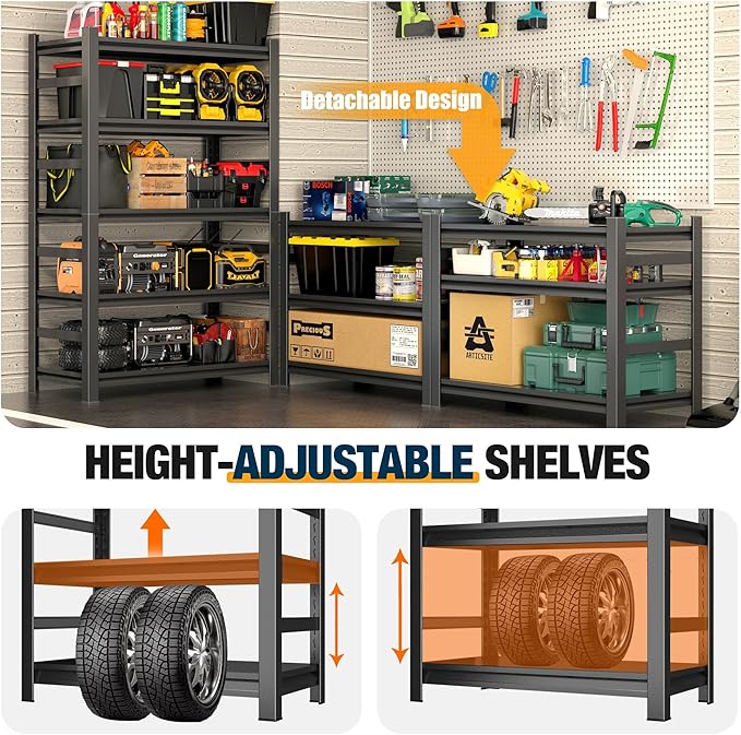 Garage Shelving, 72" H x 45" W Heavy Duty Metal Shelves, 5-Tier Shelving Units and Storage, Easy to Assemble, Adjustable, Black, for Garage, Basement, Pantry & Warehouse, 16" D