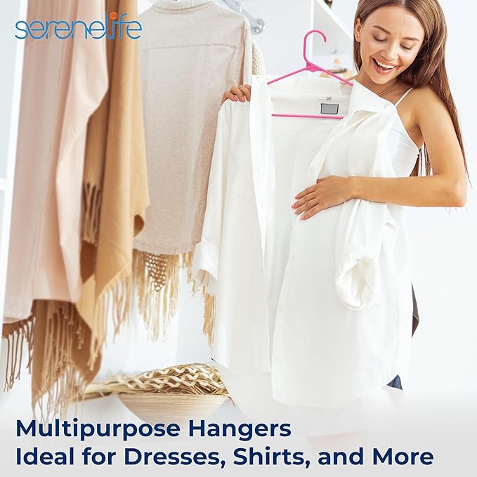 SereneLife 200 Pink Plastic Hangers Non-Slip Heavy Duty Coat and Clothes Hanger Set Slim Durable Space-Saving Closet Organizer Wardrobe Storage Home Bedroom 5.5 lb Capacity