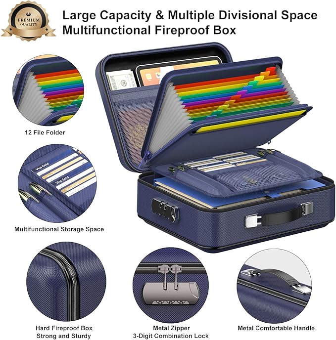 COLCASE Fireproof File Box, Hard Case Fireproof Document Organizer with Lock Hard-Shell Design Fireproof Water Resistant Safe Box for Important Documents Certificates Laptop Passports Blue