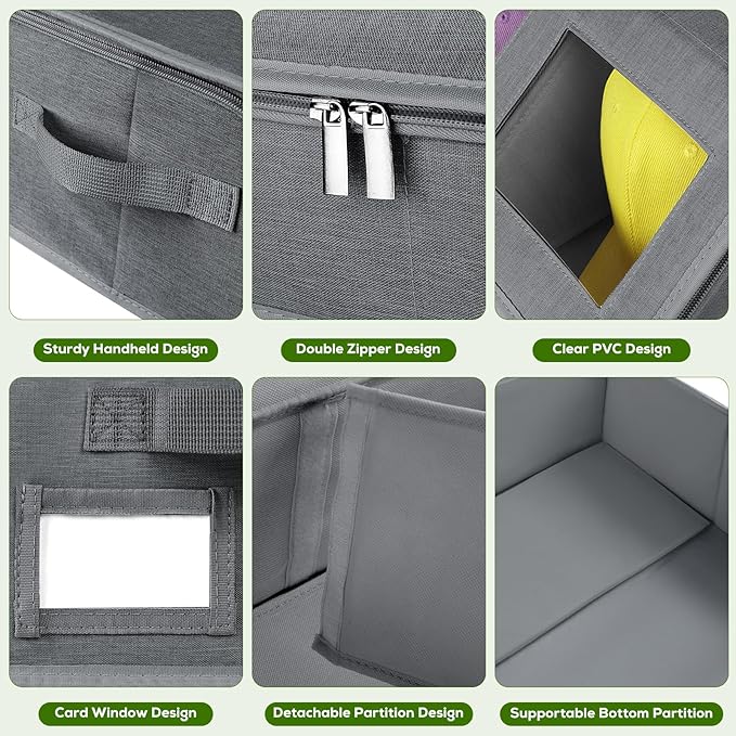 Hat Storage for Baseball Caps-Holds Up to 24 Caps, Hat Organizer for Closet Stackable Hat Box with Cardboard, Dustproof Baseball Cap Organizer with 2 Handles for Home Travel (Grey, 1 Pack)
