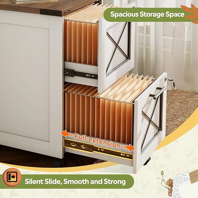 DEVAISE 2 Drawer File Cabinet with Hanging Files, Mobile Rolling Storage Cabinet for Home Office, Under Desk Filing Cabinet with Lock, Printer Stand, White