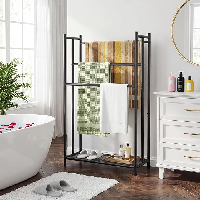 HOOBRO Free Standing Towel Rack for Bathroom, 25.2" L x 11.4" W x 39.4" H, 3-Tier Blanket Rack Stand with Bottom Mesh, Freestanding Quilt Stand with Adjustable Feet, Industrial Style, Black BK09LB01