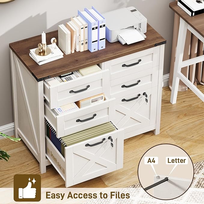 Lateral File Cabinet with 6 Drawers, Farmhouse File Cabinet with Lock for Letter/A4 Size Hanging Files, Wood File Storage Cabinets Printer Stand for Home Office Cabinets, Rustic White and Brown