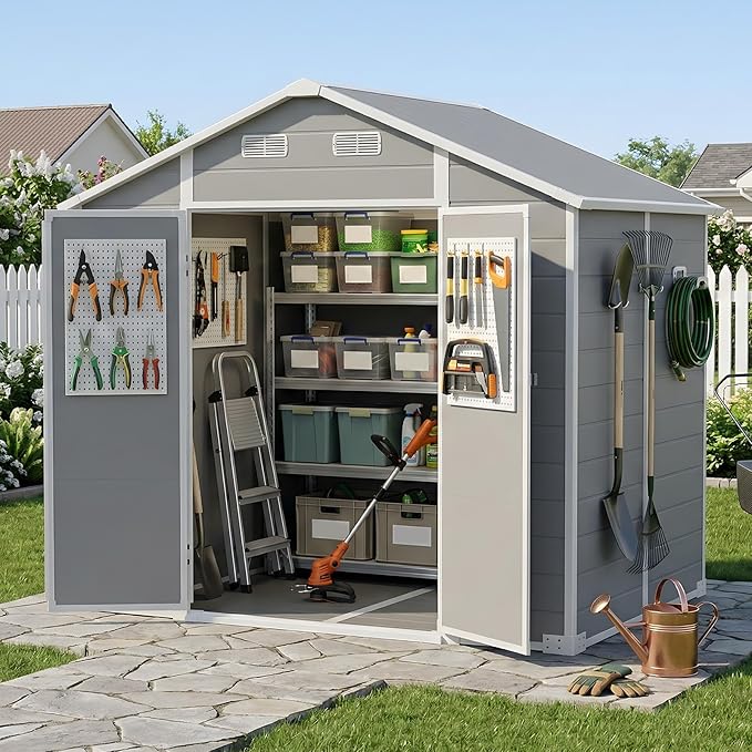 GARDENWORK 8x6 FT Outdoor Resin Storage Shed with Floor, All-Weather Plastic Garden Shed with Lockable Door & Windows, Waterproof Outside Tool Sheds for Backyard, Patio, Bike, Tools Storage