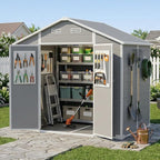 GARDENWORK 8x6 FT Outdoor Resin Storage Shed with Floor, All-Weather Plastic Garden Shed with Lockable Door & Windows, Waterproof Outside Tool Sheds for Backyard, Patio, Bike, Tools Storage