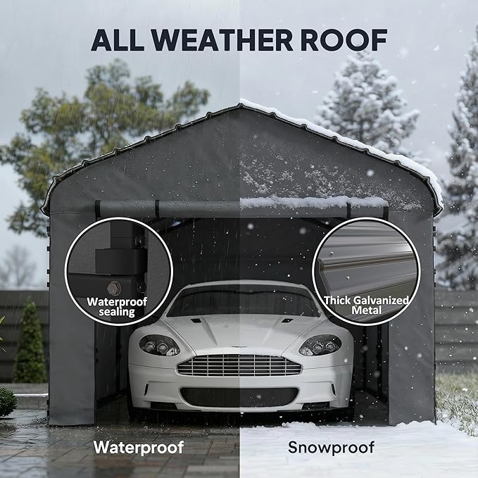 Outsunny 10' x 15' Heavy Duty Metal Carport, Waterproof Garage Car Canopy Shelter with Galvanized Metal Roof and Removable Sidewalls for Cars, Boats, Tractors, Dark Gray
