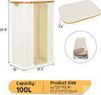ELONG HOME Laundry Basket, 100L Beige Collapsible Laundry Baskets with Removable Liner and Bamboo Handle, Laundry Basket with Lid for Bathroom, Bedroom & Laundry Room