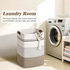 Laundry Hamper, 95L Tall Laundry Basket with Leather Handles, Rectangle Large Clothes Hamper for Organizing, Cotton Woven Laundry Baskets Storage Hampers for Bedroom, Nursery, Living Room