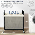 STO STO Laundry Hamper 3 Section, 120L Rolling Laundry Sorter Cart with Removable and Washable Liner Bag, Clothes Hamper with Wheels and Metal Handle for Laundry Room and Bedroom