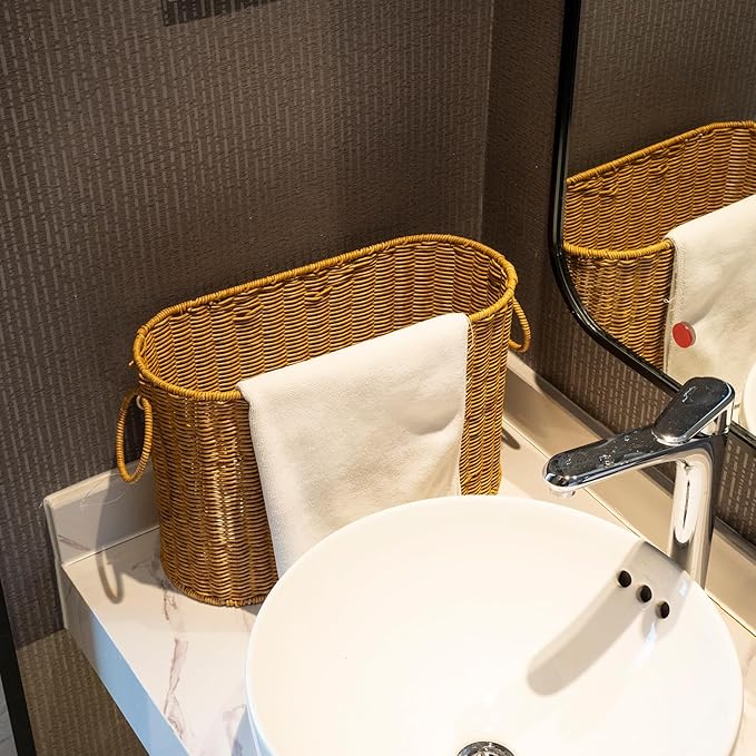 JJSQ Toilet Rattan Basket Water Hyacinth Toilet Paper Basket with Handles Large Toilet Papers Storage Container for up to 9 Rolls Bathroom Accessories Organizer (Rattan)