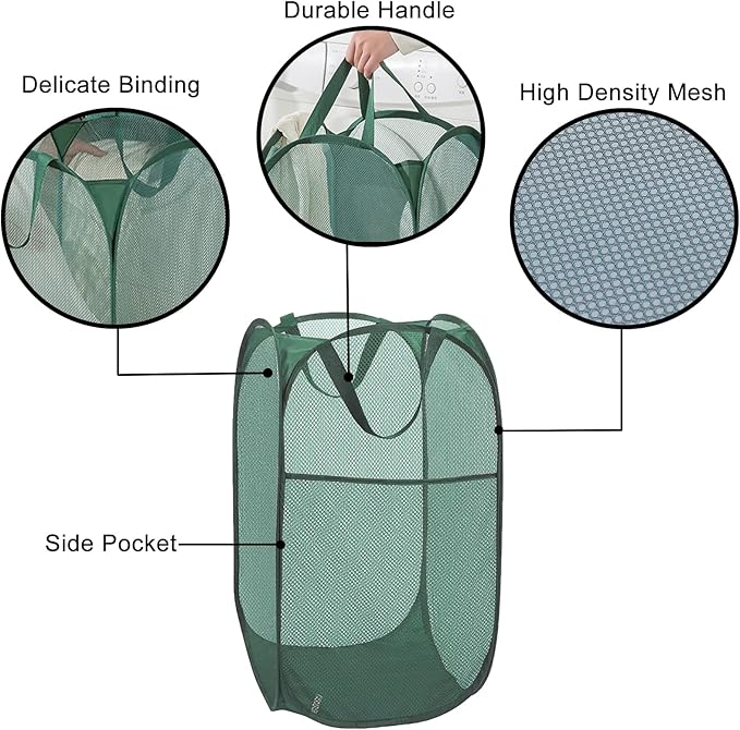 Pop Up Laundry Hamper Thick Mesh Collapsible Laundry Baskets, Large Side Pocket, Strong Handles, Travel Friendly for Cruise, RV (Green+Pink)