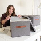 ZICOTO Decorative File Organizer Box Set of 2 - Collapsible Linen Filing Cabinets w/Handles Are Perfect to Store all Your Documents & Hanging File Folders - Portable Easy Slide Crates with Lid