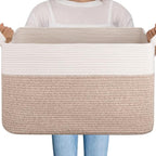 OIAHOMY Extra Large Blanket Basket, 95L Cotton Rope Woven Laundry Basket, Toy Bin for Baby Room, Container for Blanket Storage in Living Room, 24''×17''×14'', Brown & White