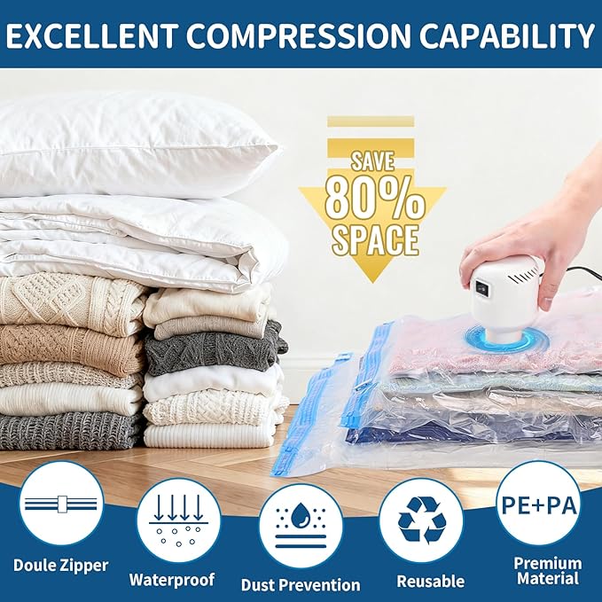 Vacuum Storage Bags with Electric Pump, 12 Pack (2 Roll-Up,3 Small,3 Medium,2 Large,2 Jumbo), Heavy Duty PA+PE Space Saver Bags for Clothes, Bedding, Home & Travel