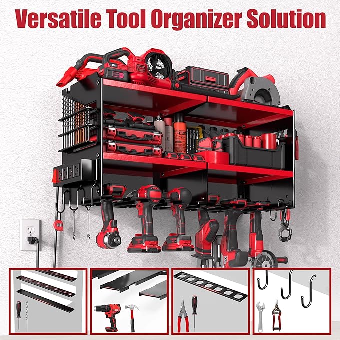 Power Tool Organizer Wall Mount with 4-Outlet Power Strip, Heavy Duty Metal Storage Rack for Garage, Holds 6 Drills & Batteries - Ideal Christmas Gifts for Men, Dad, Husband from Wife