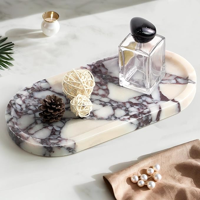 Real Natural Marble Tray for Bathroom, Luxury Calacatta Viola Stone Vanity Tray, Decorative Oval Trays for Countertop Storage Organizer, Dresser, Kitchen, Home Decor, 11.8" x 6", Purple
