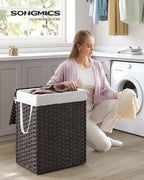 SONGMICS Laundry Hamper with Lid, 23.8 Gallon (90 L) Synthetic Rattan Clothes Laundry Basket with Lid and Handles, Foldable, Removable Liner, Chestnut Brown ULCB051K02