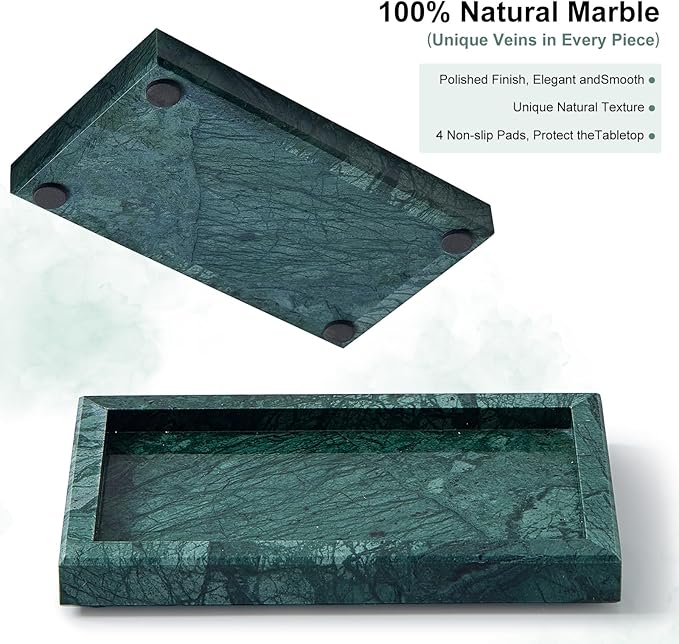 Natural Small Marble Vanity Tray, Luxury Stone Organizer for Bathroom & Kitchen | Holds Soap Dispenser, Jewelry, Perfume | Non-Resin, Non-Ceramic Décor (Green, Mini (7.9" x 4.3" x 0.78"))