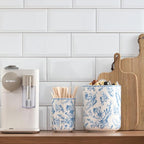 Bico Blue Garden Toile De Jouy Ceramic Utensil Holder Set of 2, Ceramic Kitchen Utensil Crocks for Countertop, Large Cooking Tool Holder Counter Decor, Spatula Organizer