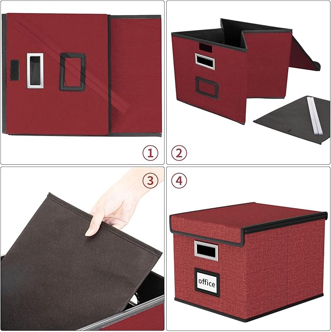 Huolewa File Organizer Box with Lid, Collapsible File Folder Organizer for Office Document Storage, Filing Box with Plastic Slide for Letter Size Hanging File Folders(1 Pack, Dark Red)