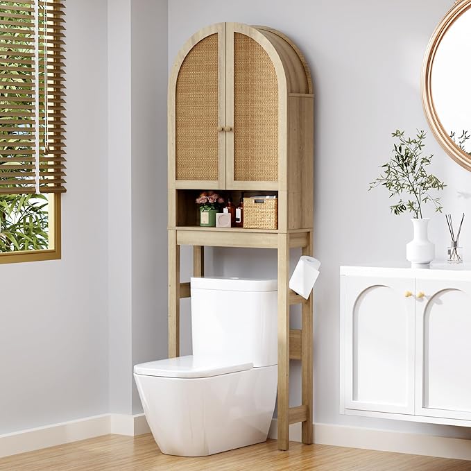 Over The Toilet Storage Cabinet, 23.7”W Modern Storage Cabinet Over Toilet with Rattan Doors, Arched Freestanding Over Toilet Rack with Adjustable Shelf for Bathroom, Nature
