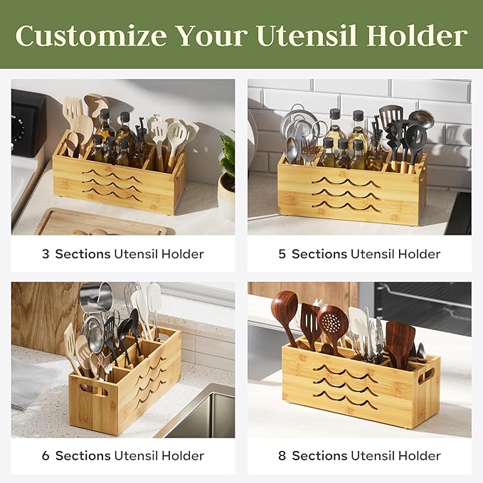 Kcrystenia Large Kitchen Utensil Holder for Countertop, 8 Adjustable Compartments Cooking Utensil Holder Organizer, Bamboo Silverware Caddy with Absorbing Stone Drying Mat for Spatula Spoon
