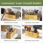 Kcrystenia Large Kitchen Utensil Holder for Countertop, 8 Adjustable Compartments Cooking Utensil Holder Organizer, Bamboo Silverware Caddy with Absorbing Stone Drying Mat for Spatula Spoon