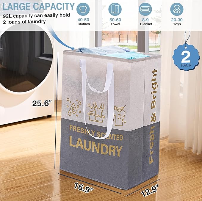 ELONG HOME 2 Pack Laundry Baskets, 92L Freestanding Laundry Basket with Handles, Waterproof Tall Collapsible Clothes Hamper for Dorm, Bedroom, Bathroom