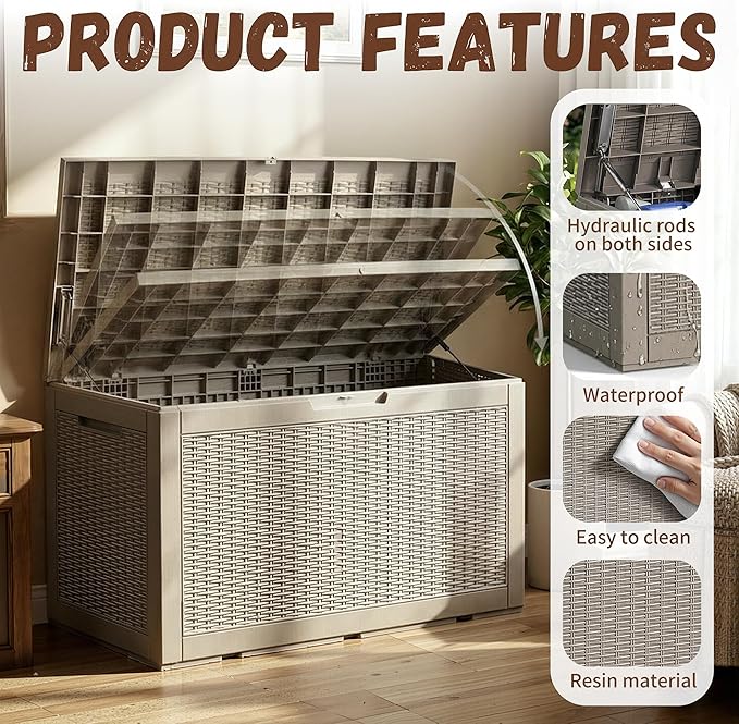 EFU Outdoor Storage Box 100 Gallon Deck Box Resin Outdoor Toy Storage With Lockable Lid, Hydraulic Struts, Rattan Style Package Delivery Boxes for Outside Patio Yard Garden (Light brown)