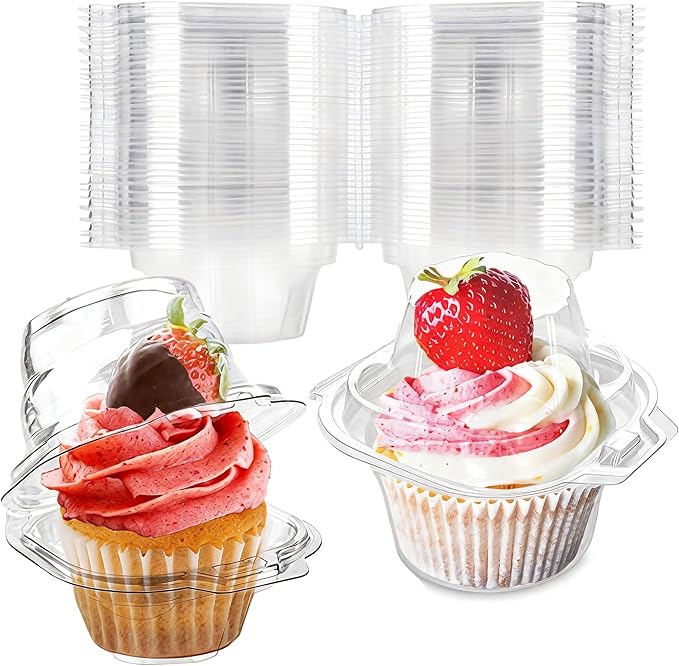 50 Pcs Cupcake Boxes Plastic Individual Cupcake Containers Single Cupcake Carrier with Connected Airtight Dome Lid for Party