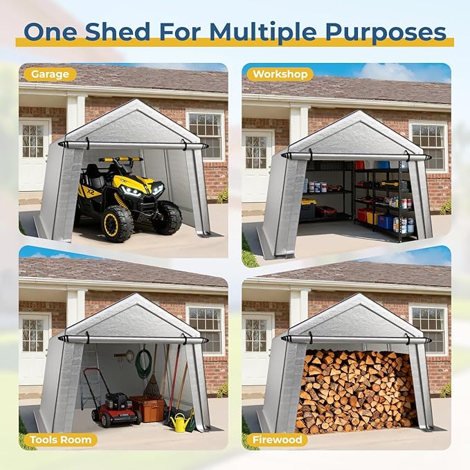 10 x 10 FT Carport, Portable Shed w/220G Heavy Duty Waterproof PE Tarp, Roll-up Zipper Door & Vent, Weather-Resistant Storage Shed for Motorcycle, Bike and Tools, Gray