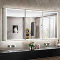 72x30 Lighted Medicine Cabinet with Mirror, Beveled Brushed Nickel Framed Surface or Recessed Fogless Dimmable LED Medicine Cabinet with Outlet, Time Display and Sensor Inner Light