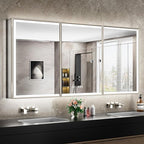 72x30 Lighted Medicine Cabinet with Mirror, Beveled Brushed Nickel Framed Surface or Recessed Fogless Dimmable LED Medicine Cabinet with Outlet, Time Display and Sensor Inner Light
