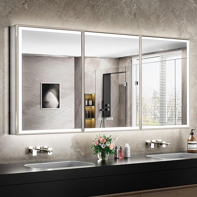 72x30 Lighted Medicine Cabinet with Mirror, Beveled Brushed Nickel Framed Surface or Recessed Fogless Dimmable LED Medicine Cabinet with Outlet, Time Display and Sensor Inner Light