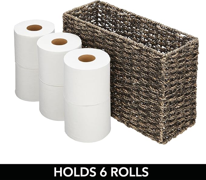 mDesign Rustic Farmhouse Woven Seagrass Toilet Paper Holder Basket - Large Storage Organizer Tank Topper for Bathroom Counter or Top of Toilet - Holds 6 Rolls of Toilet Paper - Black Wash