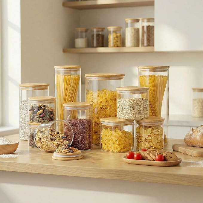 Square Glass Jars with Bamboo Lids 27 FL OZ [Set of 6], Glass Canisters with Airtight Lids, Glass Food Storage Containers for Coffee, Sugar, Tea, Candies, Cookies,Best for Kitchen & Pantry