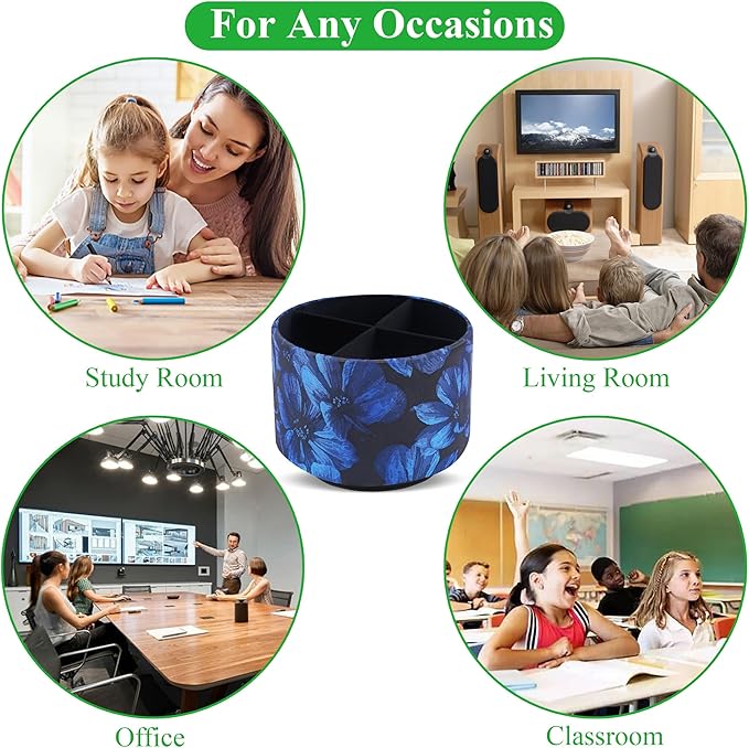 QIELIZI Round Leather Art Supply Organizer,Remote Control Holder,360 Degree Rotating,Multi-Functional Pencil Holder,4 Compartments Desktop Stationary Organizer(1-Dahlia Dark Blue)