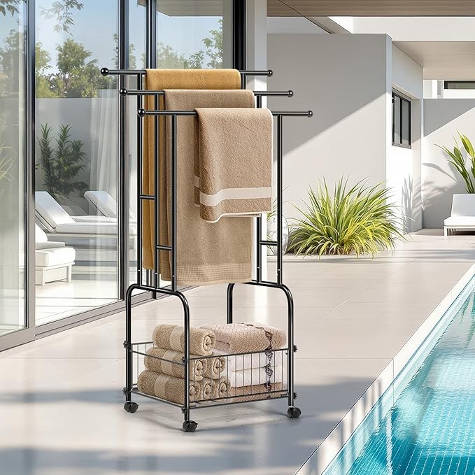 HAITRAL 42" H Standing Towel Rack, 3 Tiers Towel Holder with Basket, Bathroom Freestanding Towel Rack with 360° Anti-Skid Wheels, Multi-Use for Towel, Blanket, Clothes, Indoor/Outdoor (Black)