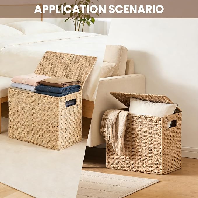 14 Inch Toilet Paper Storage Basket with Lid, 6-Roll Bathroom Organizer, Woven Paper Rope Basket for Narrow Spaces, Multi-Purpose Holder for Towels, Utensils, Picnic & Home Decor