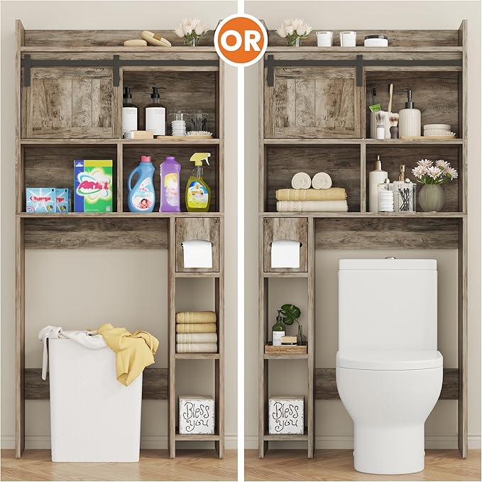 Semoic Over The Toilet Storage Cabinet, Over The Toilet Shelf with Sliding Door & Toilet Paper Holder Stand, Bathroom Above Toilet Storage, Home Space-Saving Toilet Rack for Bathroom, Light Grey