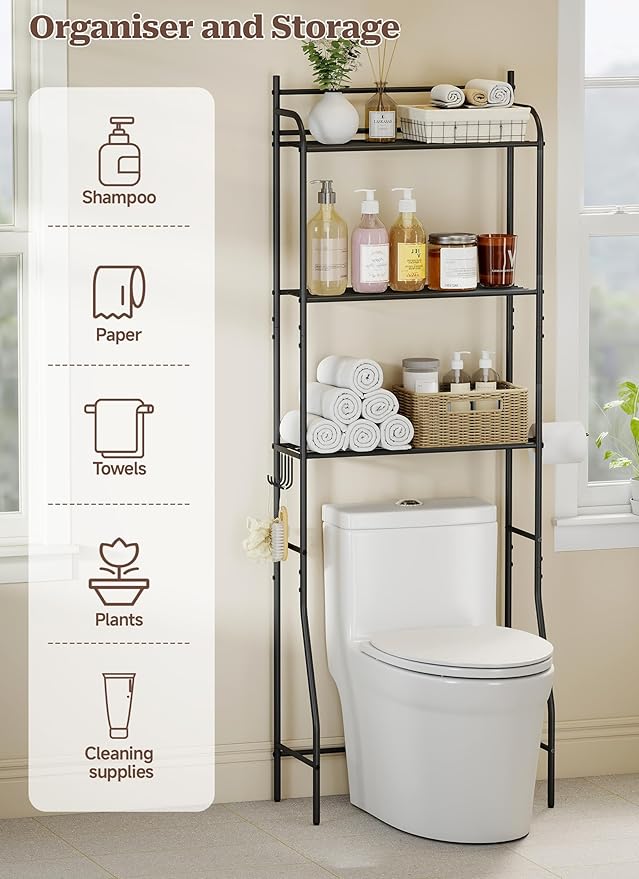 3-Tier Over The Toilet Storage, Bathroom Organizer, Space-Saving, Above Toilet Storage Rack with 4 Hooks and Paper Holder, Metal Shelf, Black