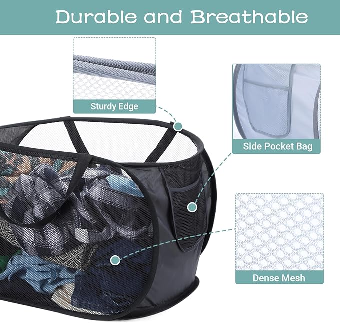4 Pcs Popup Mesh Laundry Basket, Collapsible Laundry Hamper with Side Pocket Foldable Storage Basket with Durable Handles for Bathroom Travel Dorm Toy