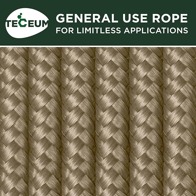 TECEUM Rope – 90 Feet x 1/4 Inch (7mm) – Coyote Brown – Strong All-Purpose Utility Rope – Camping, Crafting, Flag Pole, Indoor & Outdoor – Polypropylene Nylon Poly Lightweight Diamond Braided Cord