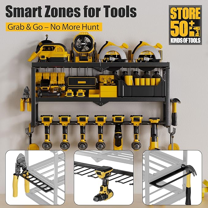 Power Tool Organizer, 7 Drill Holder for Tool Organizer, Storage and Organization for Garage, Heavy Duty Metal Tool Shelf Utility Rack for Cordless Power Tools Suitable for Pegboard/Workshop