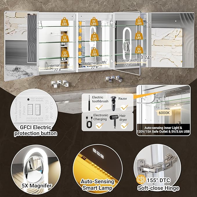 72x32 Lighted Medicine Cabinet Mirror with Magnifying & Night Lamp, 155° Soft-Close Hinge, Surface or Recessed Medicine Cabinet with Lights & Outlet, GFCI,Time Display& Inner Light,Hardwired